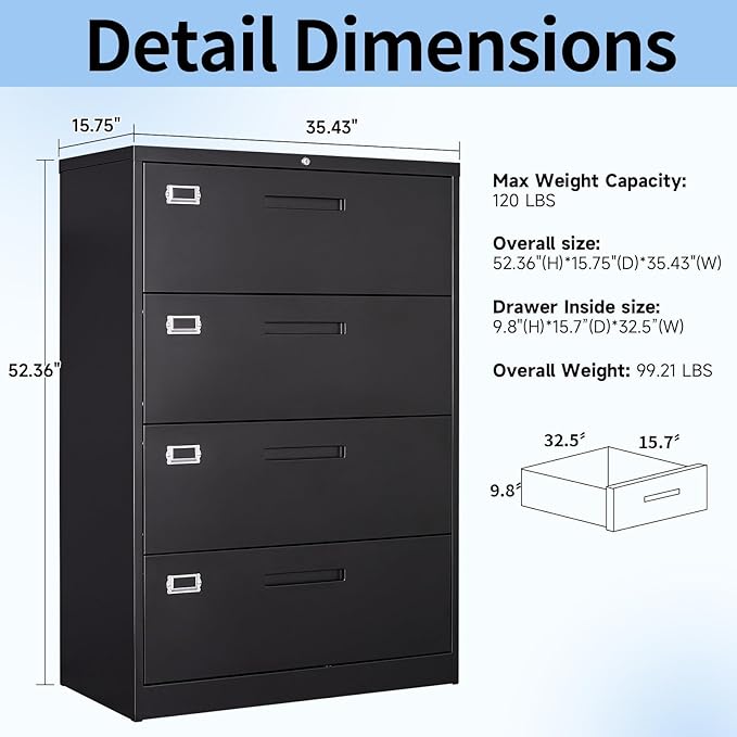 Lateral Filing Cabinet,4 Drawer File Cabinet with Lock,Office Lateral File Cabinets for Legal/Letter A4 Size,Require Assembly, Black