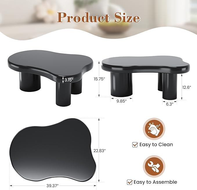 Coffee Table- Cloud Coffee Table, 38'' Wood Round Edge Tables with Unique Irregular Curves, Cute Center Tables for Living Room Apartment, Easy Assemble& Clean