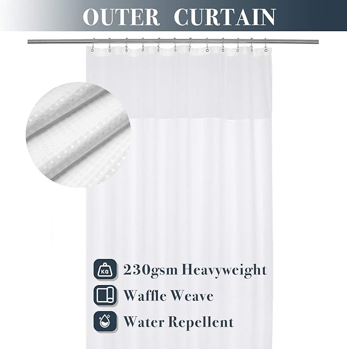 N&Y HOME Long Waffle Weave Shower Curtain 75 Inch Length with Snap-in Fabric Liner & Metal Hooks Set - Hotel Style, Waterproof & Washable, Heavyweight Fabric & Mesh Top Window - 71x75, White