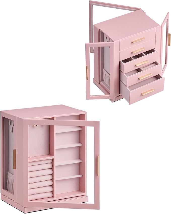 360° Rotating Jewelry Box with 5 Drawers, Spacious Vertical Jewelry Organizer with Glass Window, Jewelry Storage Case, Dustproof & Moisture-resistant Design, Pink