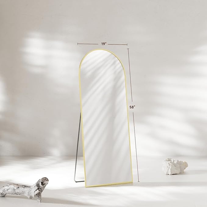 Arched Full Length Mirror 58"x19", Gold Tempered Glass Wall Hanging Mounted Body Length Mirrors with Stand, Large Floor Aluminum Alloy Thin Frame