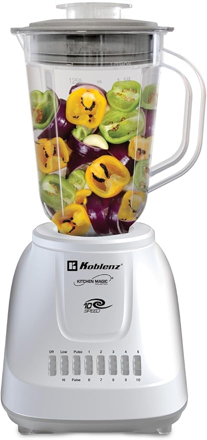 Koblenz 42 oz Plastic Jar Blender, 10 Speed and 2 Pulses, Countertop Blender with Stainless Steel Blades, Perfect for Shakes and Smoothies, 500-Watt Motor, White, LKM-5510 PB