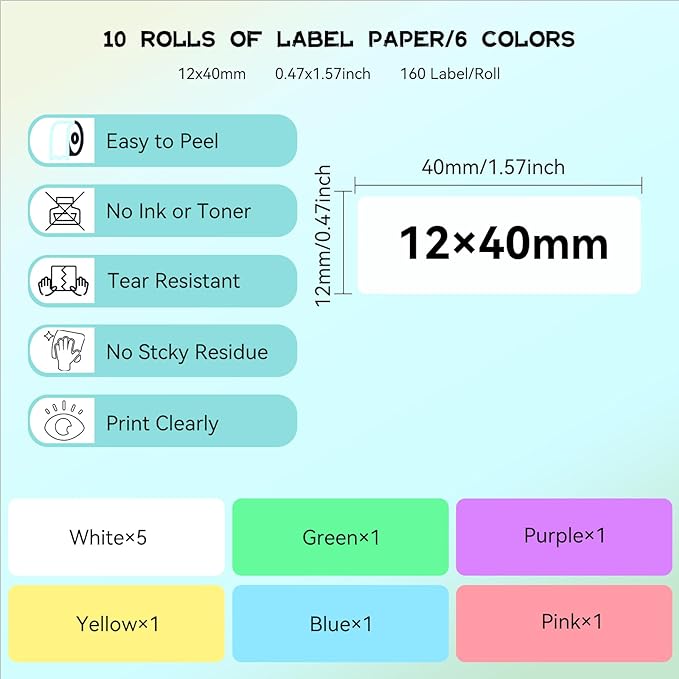 Label Maker Tape Refill 12mm 0.47, Standard Laminated Thermal Label Tape Replacement, 0.47"×1.57"(12×40mm) 1650 Labels/10Rolls/Pack, High Definition Labeling Tape for Home Office School Hotel