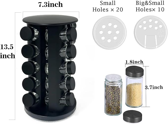 KALINCO Rotating Spice Rack Organizer, Revolving Spice Rack for Cabinet, Stainless Steel Spice Organizer with Jars(20-Jar) Black