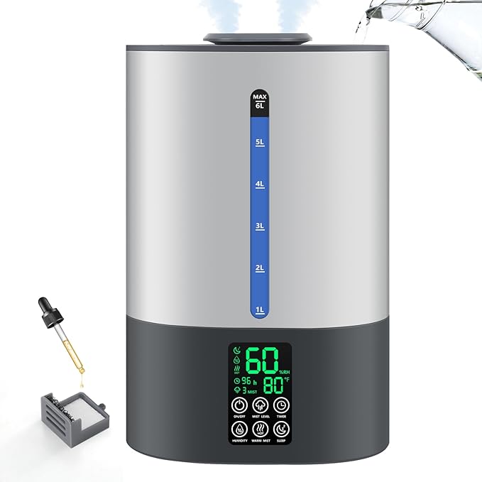 6L Humidifiers for Bedroom Large Room Home, Cool and Warm Humidifiers for Baby and Plants Mist Top Fill Desk Humidifiers Essential Oil Diffuser, Quiet with Adjustable Mist,360°Nozzle-Grey