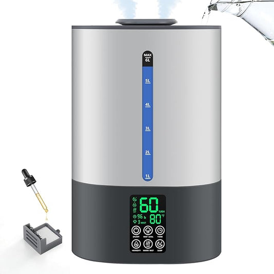 6L Humidifiers for Bedroom Large Room Home, Cool and Warm Humidifiers for Baby and Plants Mist Top Fill Desk Humidifiers Essential Oil Diffuser, Quiet with Adjustable Mist,360°Nozzle-Grey