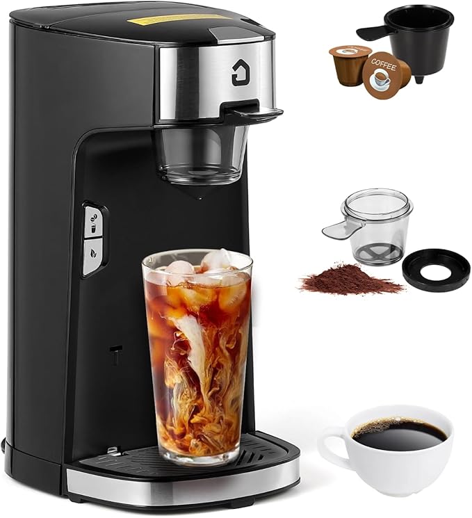 Compatible Coffee Maker with Hot and Cold Brewing, 120V 1300W Single Serve Machine with Scoop Filter for Ground Coffee and Tea, Black