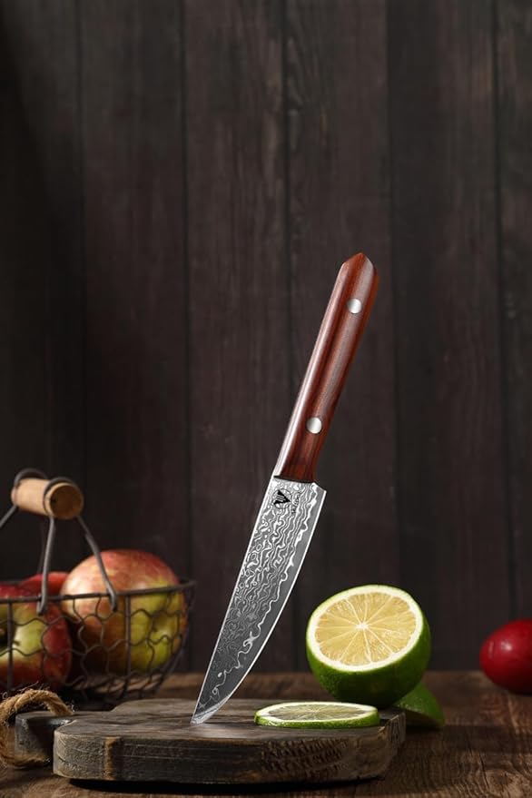 4.7" Paring Knife Damascus Steel Fruit Knives - 67-Layer Forged Kitchen Peeling Knife with Natural Solid Wood Handle Kitchen Utility Knives, 15° Double-Edged Blade, Ultra-Sharp & Durable