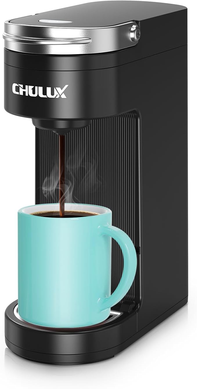 CHULUX Slim Single Serve Coffee Maker for K Cup, Mini Travel One Cup Coffee Machine for Home, Desk, Kitchen and Bedroom, Fits Travel Mug, Matte Black