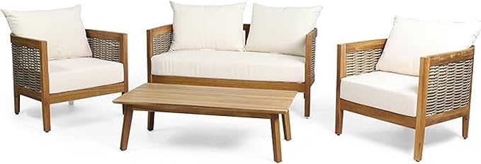 Merax 4-Piece Outdoor Acacia Wood Wicker Conversation Set with Loveseat,Club Chairs and Coffetable for Backyard Garden