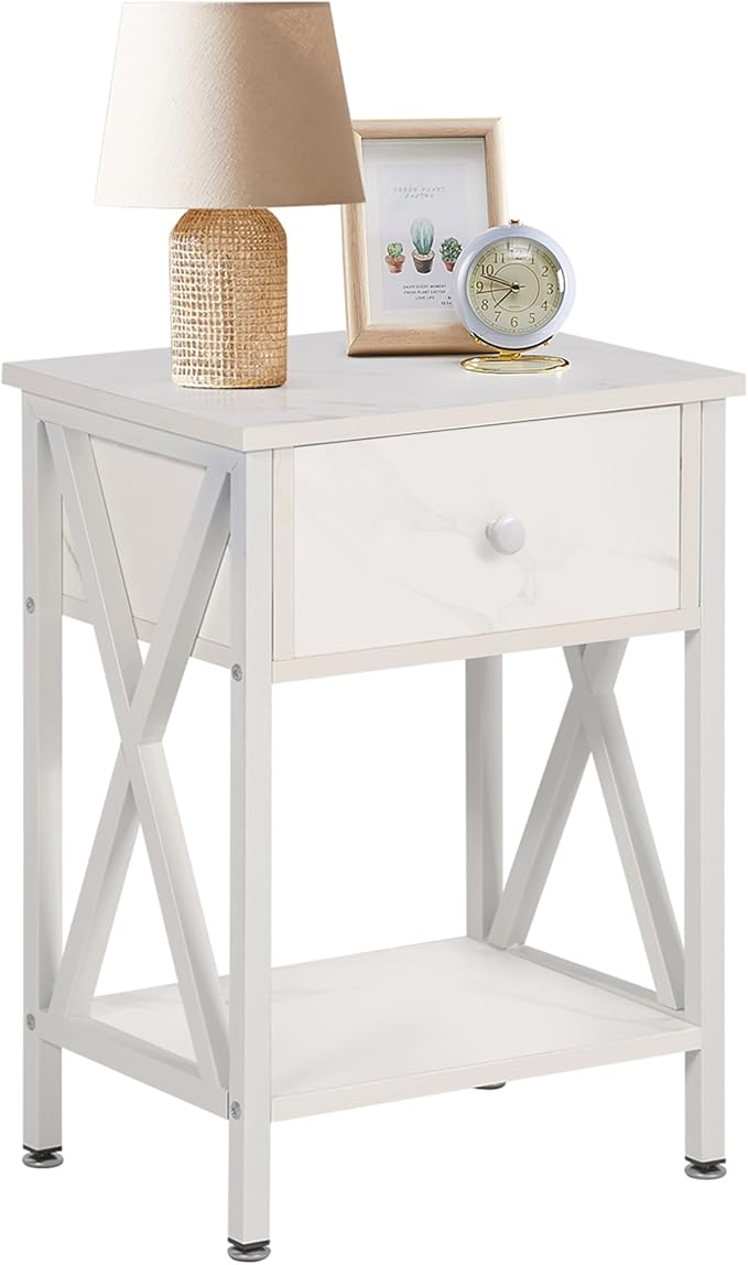 VECELO Nightstand,Modern Bedside End Table, Night Stand with Drawer and Storage Shelf for Living Room Bedroom, Industrial Metal Frame