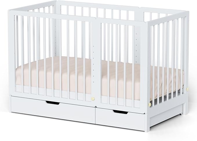 JOYMOR 8 in 1 Convertible Crib with Changer, Include 2” Mattress, Converts to Bassinet, Mid Crib, Full Size Crib, Daybed,Toddler Bed and Playard (Crib with Drawer, White)