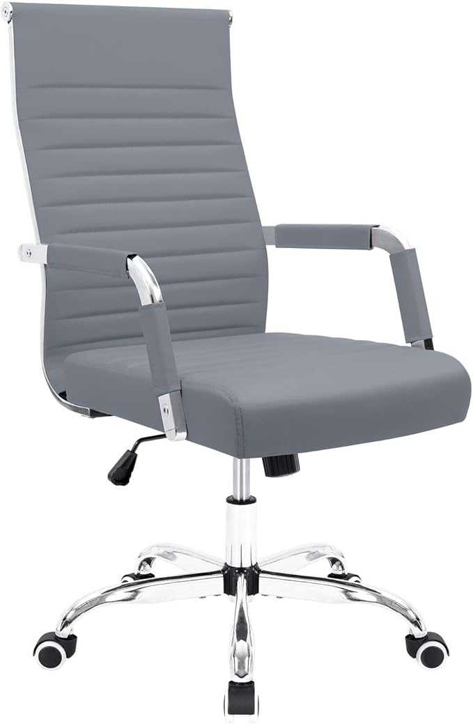 Furmax Ribbed Office Desk Chair Mid-Back PU Leather Executive Conference Task Chair Adjustable Swivel Chair with Arms (Grey)