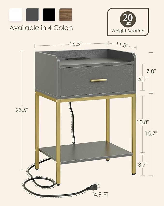 Masupu Nightstand with Charging Station,3-Tier Modern Bedside Night Stand with Storage Drawer and Shelf,Small End Side Table for Bedroom,Living Room,Grey