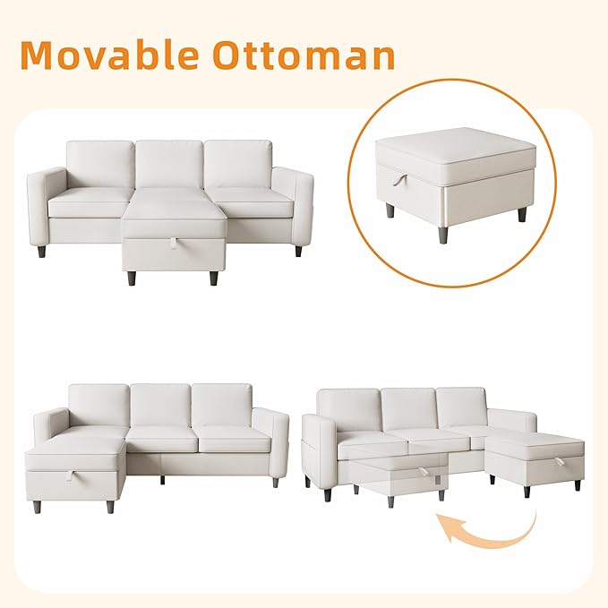 Sectional Sofa Couches for Living Room - 78'' Beige 3 Seat L-Shaped Couch with Storage Ottoman, Modern Linen Convertible Sectionals Sofas with Chaise for Apartment, Office, Small Space