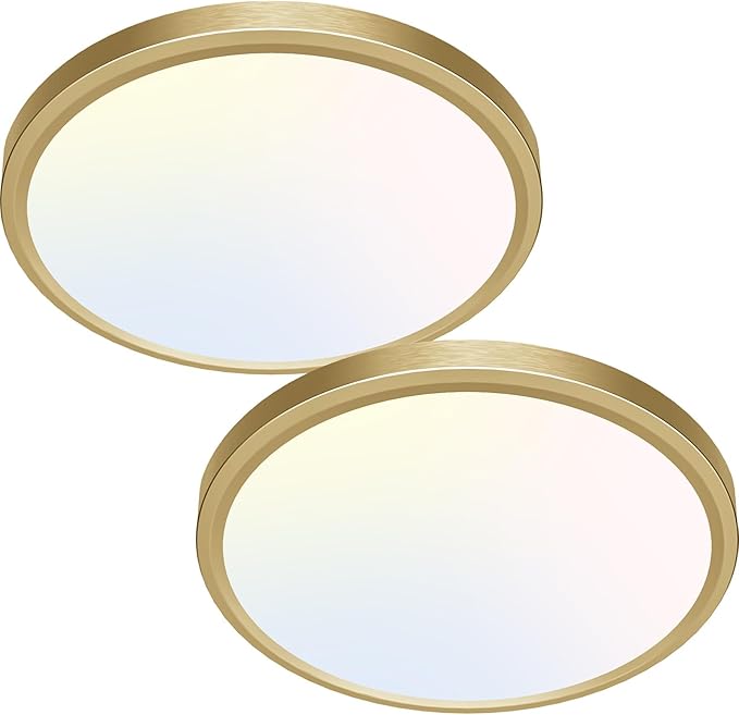 zemty 2Pack LED Ceiling Light Golden - 12In 28W Aureate Flush Mount Ceiling Light, 3 Color Temperature 3000K/4500K/6000K - 3200lm Gilded Round Flat Light Fixture for Kitchen Bathroom Shower