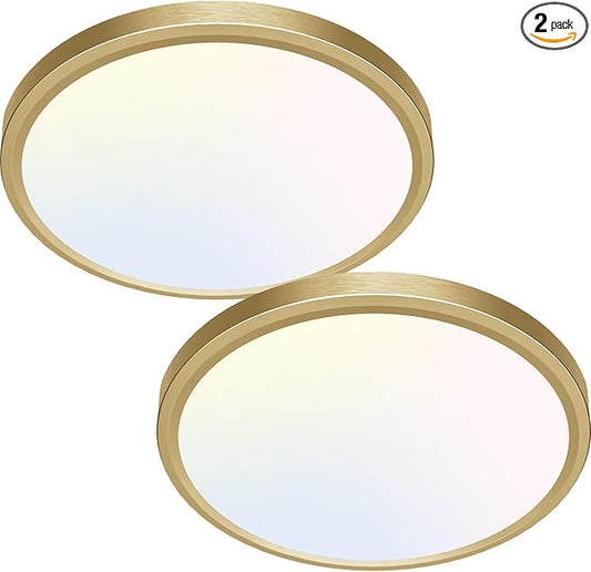 zemty 2Pack LED Ceiling Light Golden - 12In 28W Aureate Flush Mount Ceiling Light, 3 Color Temperature 3000K/4500K/6000K - 3200lm Gilded Round Flat Light Fixture for Kitchen Bathroom Shower