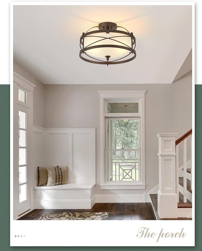 Entryway Drum Light Fixtures, Semi-Flush Mount Rustic Ceiling Light for Hallway Living Room Bedroom Kitchen (Old Bronze Finished)