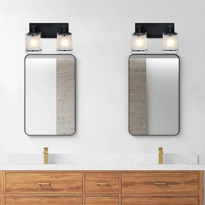 Black Wall Sconce Lighting, 2-Light Bathroom Vanity Light Fixture Wall Mount Lamp Over Mirror for Bedroom Bedside Studty Living Room, Rectangular Frosted Glass Shade