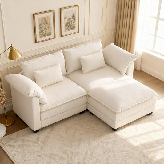 COMHOMA 86" L Shaped Sectional Sofa with Movable Ottoman,Comfy Cloud Modular Couch with Throw Pillows,Modern Chenille Deep Seat Sofa Couches for Living Room,Beige