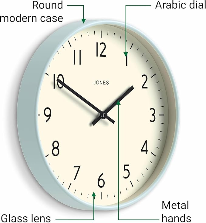 JONES CLOCKS® Studio Wall Clock | Modern Round Clock | 12 inch | Pale Blue | Easy to Read Numbers | Versatile Design for Kitchen, Living Room or Office