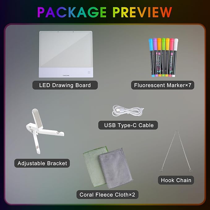 LED Drawing Board for Kids - Doodle Glow Note Board with Colors | Rechargeable Acrylic Dry Erase Board with Light & Touch Switch | 5H Battery, Glow Writing Pad for Toddlers & Artists