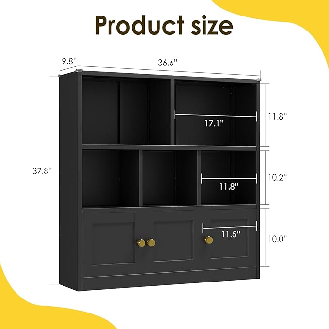 Toy Storage Organizer and Metal Kids Bookshelf with 3 Storage Cabinet and 5 Open Shelves, Multifunctional Display Shelf for Bedroom & Playroom, Ideal for Organizing Books, Toys & Decor, Black