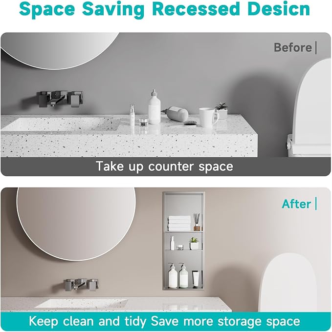 Stainless Steel Shower Niche 12" x 30" – Recessed Wall Niche with 3-Tier Storage, Waterproof & Rustproof Modern Bathroom Shower Shelf (Brushed Nickel)