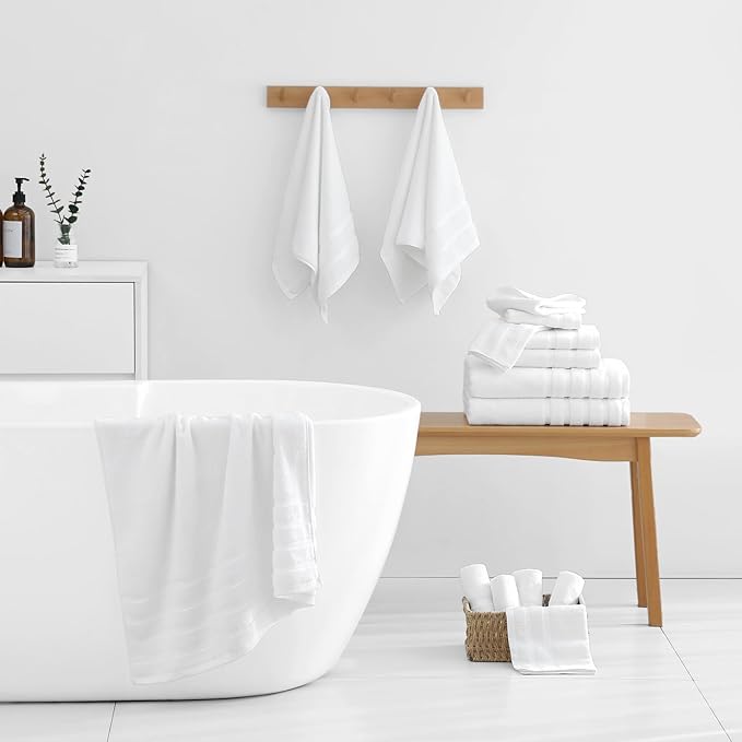 16-Piece Bath Towels Set, 100% Cotton Thick Soft Highly Absorbent Durable, Quick Dry, Bathroom Towels Set (4 Bath Towels, 4 Hand Towels, 8 Washcloths) - Perfect for Daily Use