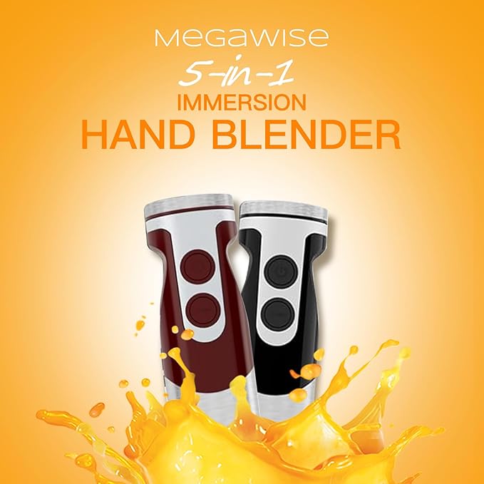 MegaWise Pro Titanium Reinforced 5-in-1 Immersion Hand Blender, Powerful Motor with 80% Sharper Blades, 12-Speed Corded Blender, Including 500ml Chopper, 600ml Beaker, Whisk and Milk Frother (Red)