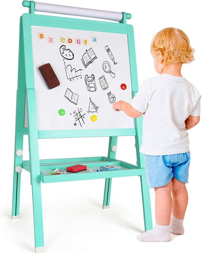 Wooden Art Easel for Toddlers Foldable Kids Easel with Paper Roll Children Double-Sided Whiteboard & Chalkboard Standing Educational Painting and Drawing Easel