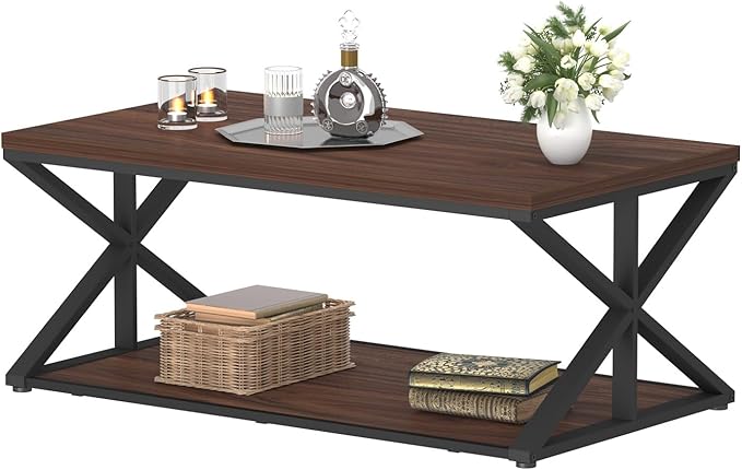 Launica Coffee Table with Storage, Modern Living Room Table, Minimalist Rectangle Center Table, Industrial Vintage Wood Tea Tables, 39 Inch, Walnut