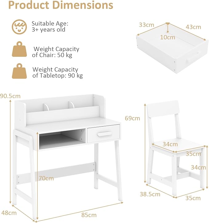 INFANS Table and Chair Set, Toddler Wooden Student Study Desk with Chair Storage Hutch Compartments Drawers for Writing Drawing, Children Furniture for Bedroom School Boys Girls 3+ Years Old (White)