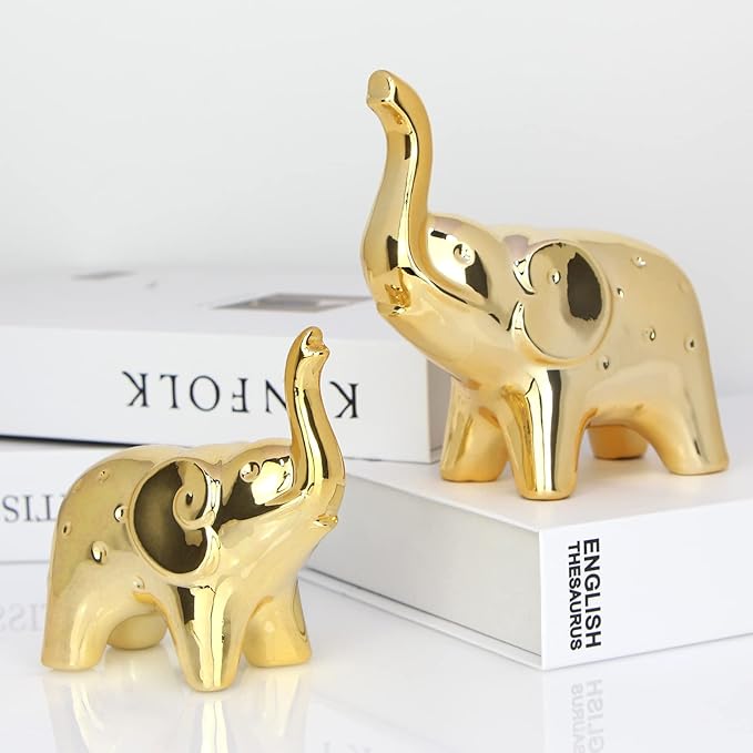 A Pair Elephant Statue Home Decor,Modern Style Figurines,Sculpture for Office Desktop Bookshelf Living Room (Ceramics Gold)