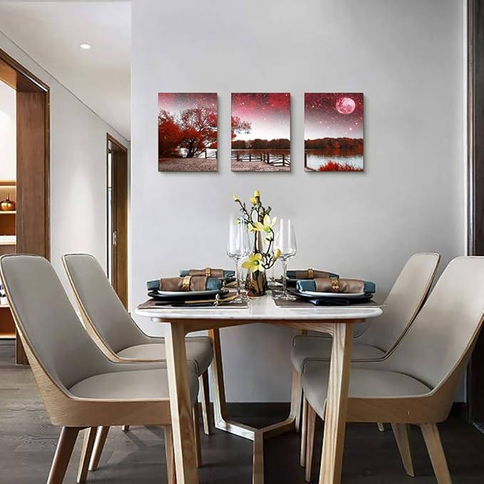 Wall Art Decor Poster Living Room abstract Red Tree Moon Starry Sky red Landscape Painting Bathroom Wall Art Bedroom Canvas Prints 3 Pieces Picture Works Ready to Hang Office Home decoration Artwork