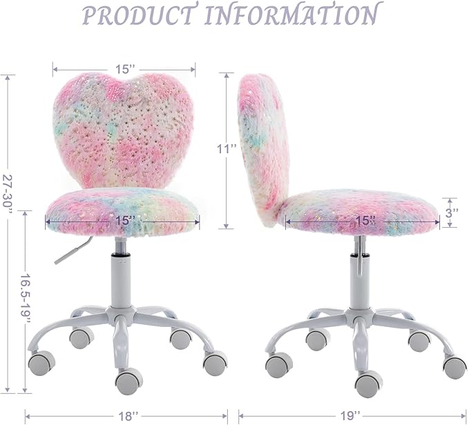 Cute Fuzzy Kids Chair for Teenage Girls - Rolling Study Desk & Computer Task Chair with Adjustable Heart Shaped Reading Vanity Seat, Colorful