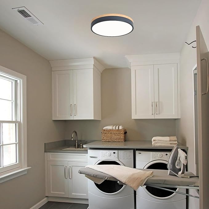 Dimmable Wood LED Ceiling Lights, Modern 2700K-6000K 5CCT Round Grey Flush Mount Lighting Fixture, Minimalist Ceiling Lamp for Bedroom, Kitchen, Hallway, Laundry Room-11.8in