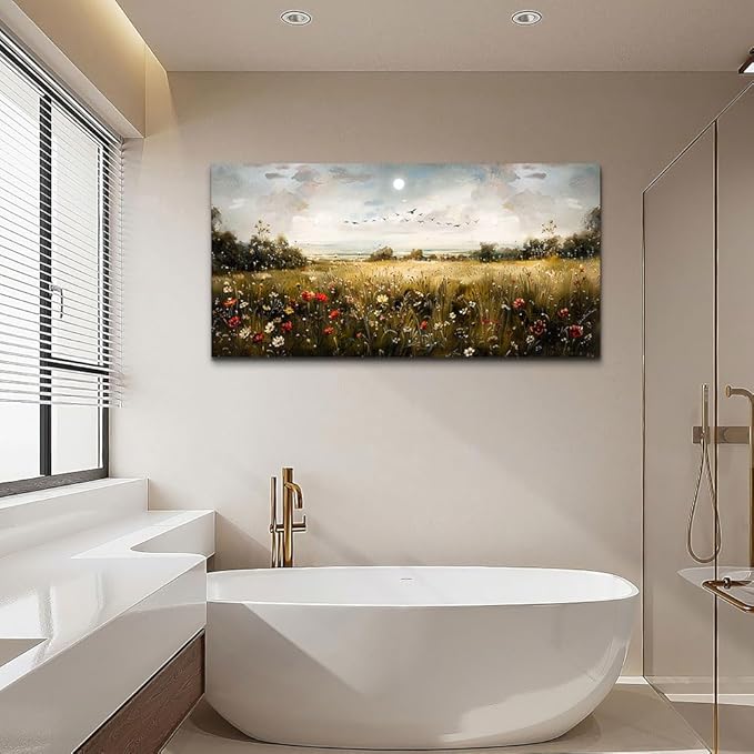 Wapluam Wall Decor For Living Room Canvas Wall Art For Bedroom Wildflower Field Vintage Wall Art Canvas Prints Paintings Farmhouse Artworks Pictures Modern Bathroom Aesthetic Home Wall Decor 40"X20"