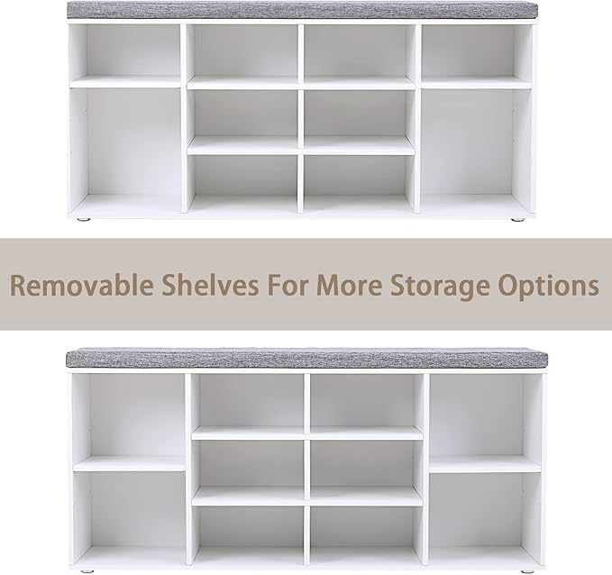 DINZI LVJ Shoe Storage Bench with Cushion, Cubby Shoe Rack with 12 Cubbies, Adjustable Shelves, Multifunctional Shoe Organizer Bench for Entryway, Mudroom, Hallway, Closet and Garage, White
