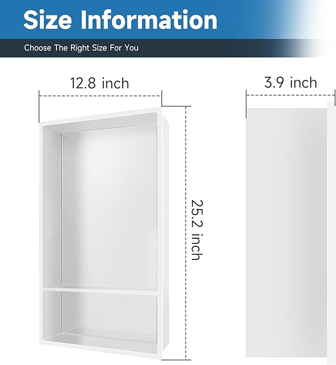 12" X 25" Stainless Steel Shower Niche Insert Tile Ready, Niche for Shower Wall, 2-Tier Recessed Shelves No Tile Needed for Bathroom Storage, White