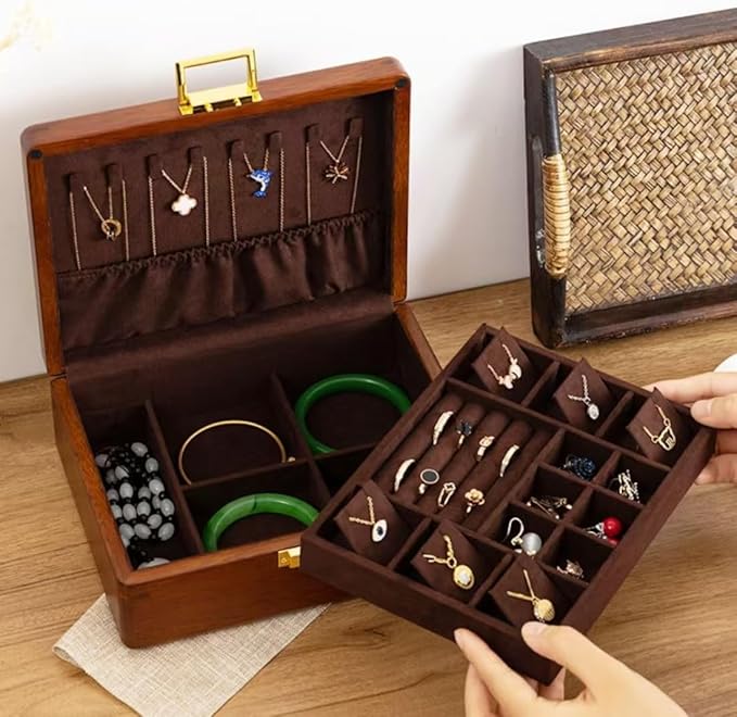 Bescott 2 Layer Solid Wooden Jewelry Box with Lock and Key for Women Men Vintage Velvet Wood Jewelry Organizer Storage for Earrings Rings Necklaces Bracelet Watch Mother’s Day Gift