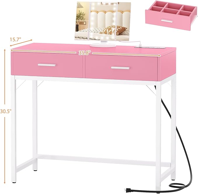 Cyclysio Vanity Desk with Mirror and Lights, 36'' Makeup Vanity Desk with Power Outlet, Small Vanities Set Dressing Table with Drawers for Bedroom, Pink