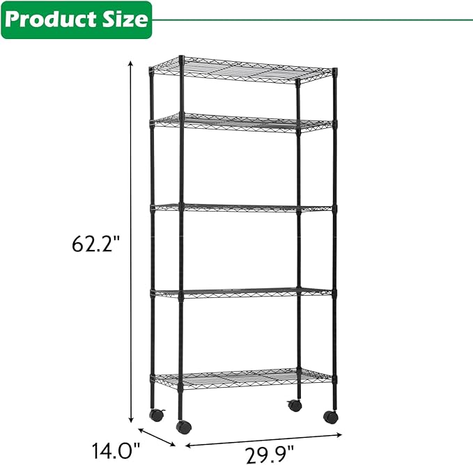5 Tier Shelving Unit Heavy Duty Wire Shelving Unit Easy Installation Metal Shelving Unit 14"D x 30"W x 60"H Metal Storage Shelves with Wheels Wire Shelving Rack for Garage Home Kitchen, Black