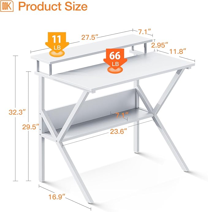 ODK Small Computer Desk, 27.5 inch Desk for Small Spaces with Storage, Compact Table with Monitor & Storage Shelves for Home Office, Modern Style Laptop Desk, Pure White