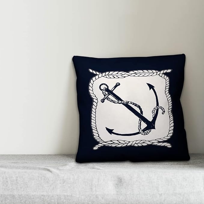 Navy and White Anchor Indoor/Outdoor Pillow | Decorative Pillows for Living Room Couch Bed Sofa Patio, Fluffy Soft Cushion | Water Resistant Blue, 18x18