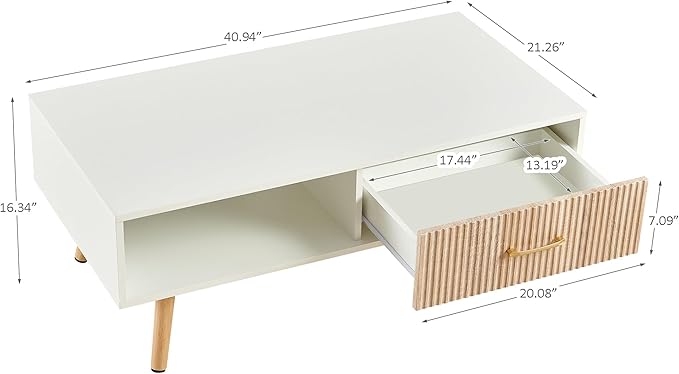 Mid Century Wooden Coffee Table with Stripe Drawer，Modern 41" Large Center Table with Storage，Rectangular White Coffee Tables for Living Room, 2-Tier Cocktail Table, Solid Wood Legs