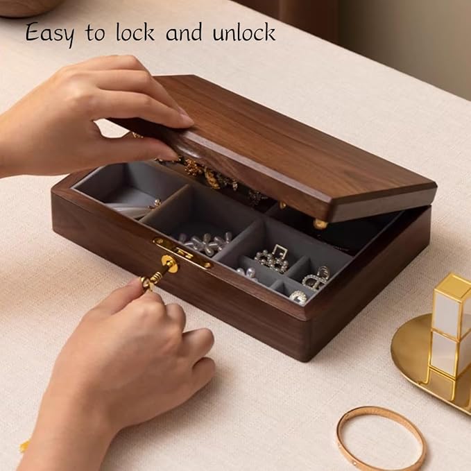 Bescott 2 Layers Solid Black Walnut Wooden Jewelry Box for Women with Lock and Key Wood Vintage Organizer for Men Earrings Rings Necklaces Bracelet Storage Mother's Day Gift