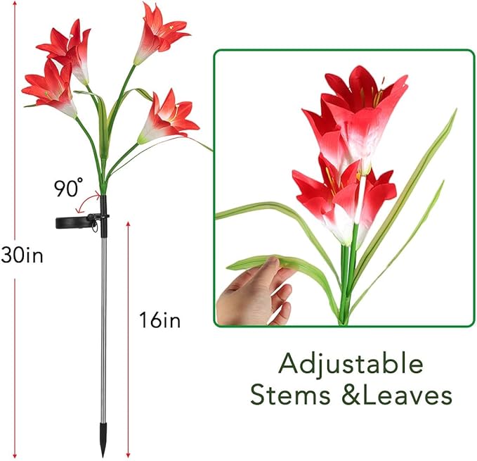 Veesee Solar Lily Flower Lights - Outdoor Solar Powered Decorative Lights, Colors Changing for Garden, Patio, Yard, Decoration - Red