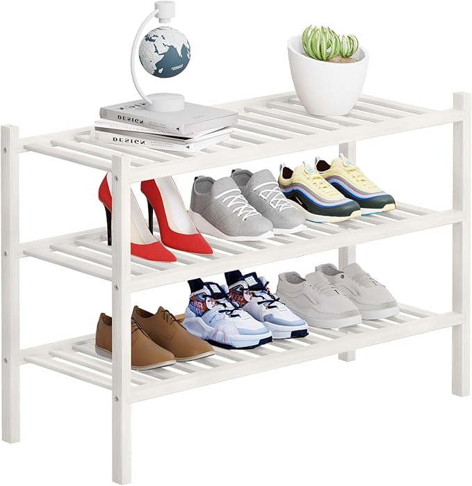 3 Tier Bamboo Shoe Rack Storage Organizer for Closet, Multifunctional Stackable Free Standing Shoe Shelf Organizer for Small Space,Entryway, Hallway, Bathroom27 x11 x20 (White, 3 Tier)
