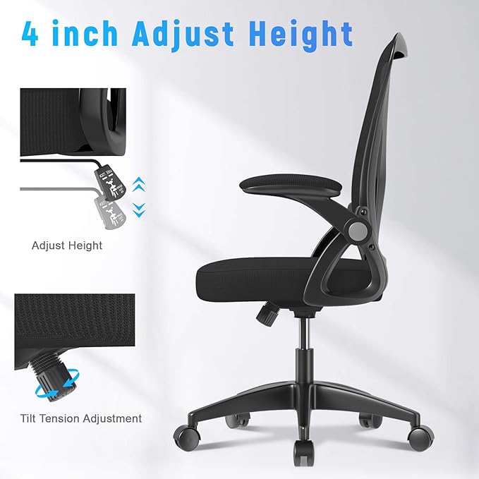 naspaluro Ergonomic Office Chair, Mid Back Desk Chairs with Adjustable Height, Swivel Chair with Flip-Up Arms and Lumbar Support, Breathable Mesh Computer Chair for Home/Study/Working, Dark Black